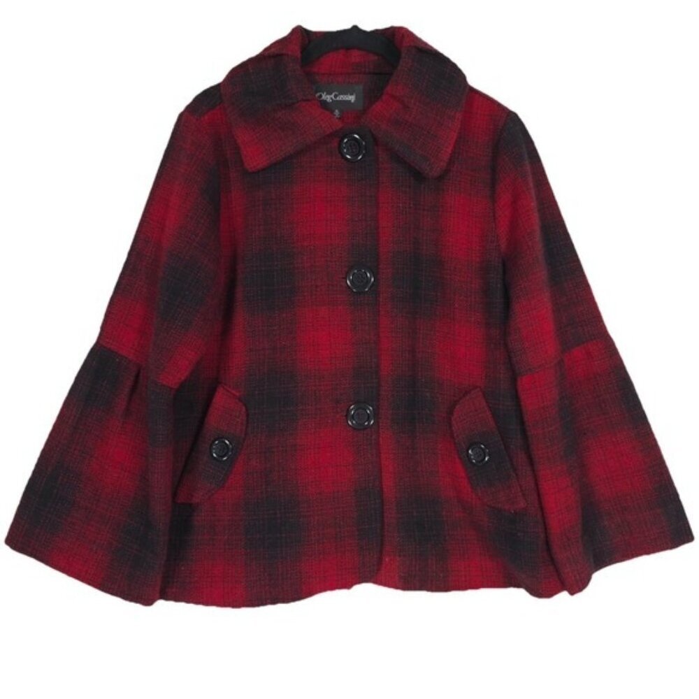 Oleg Cassini Womens WOOL Blend Jacket MEDIUM Buffalo Bell Sleeve Red Black Plaid